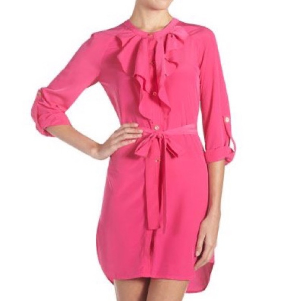 Yoana Baraschi Shirtdress Belted Pink Button Front Dress Long Sleeve Ruffle